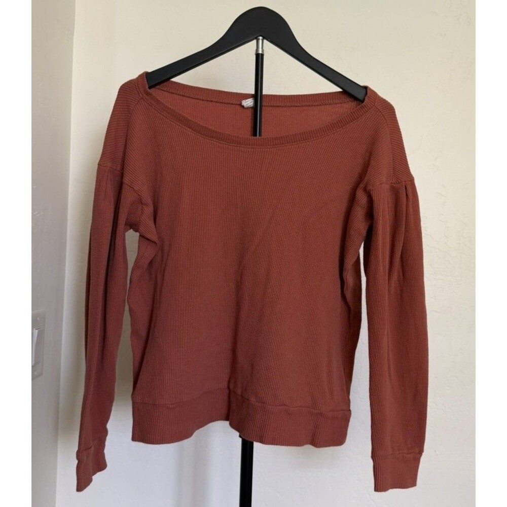 Kate Quinn Women’s Mama Waffle Knit Brick Red Top L Boxy Cotton Pleated Sleeves